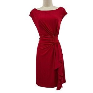 Coldwater Creek Dress 10 Red Gathered Ruched Sheath Boat Neck Jersey Cap Sleeve